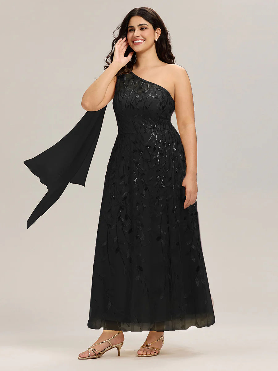 One Shoulder Sleeveless Sequin A-Line Maxi Wedding Guest Dress