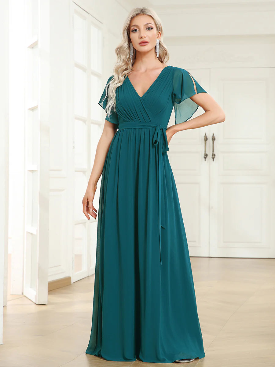 A Line Wholesale Evening Dresses with Deep V Neck Ruffles Sleeves