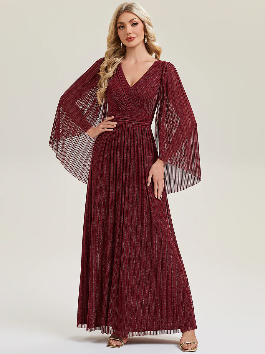 B2B-Exclusive Long Sleeve Batwing Deep V-Neck A-Line Floor Length Evening Dresses