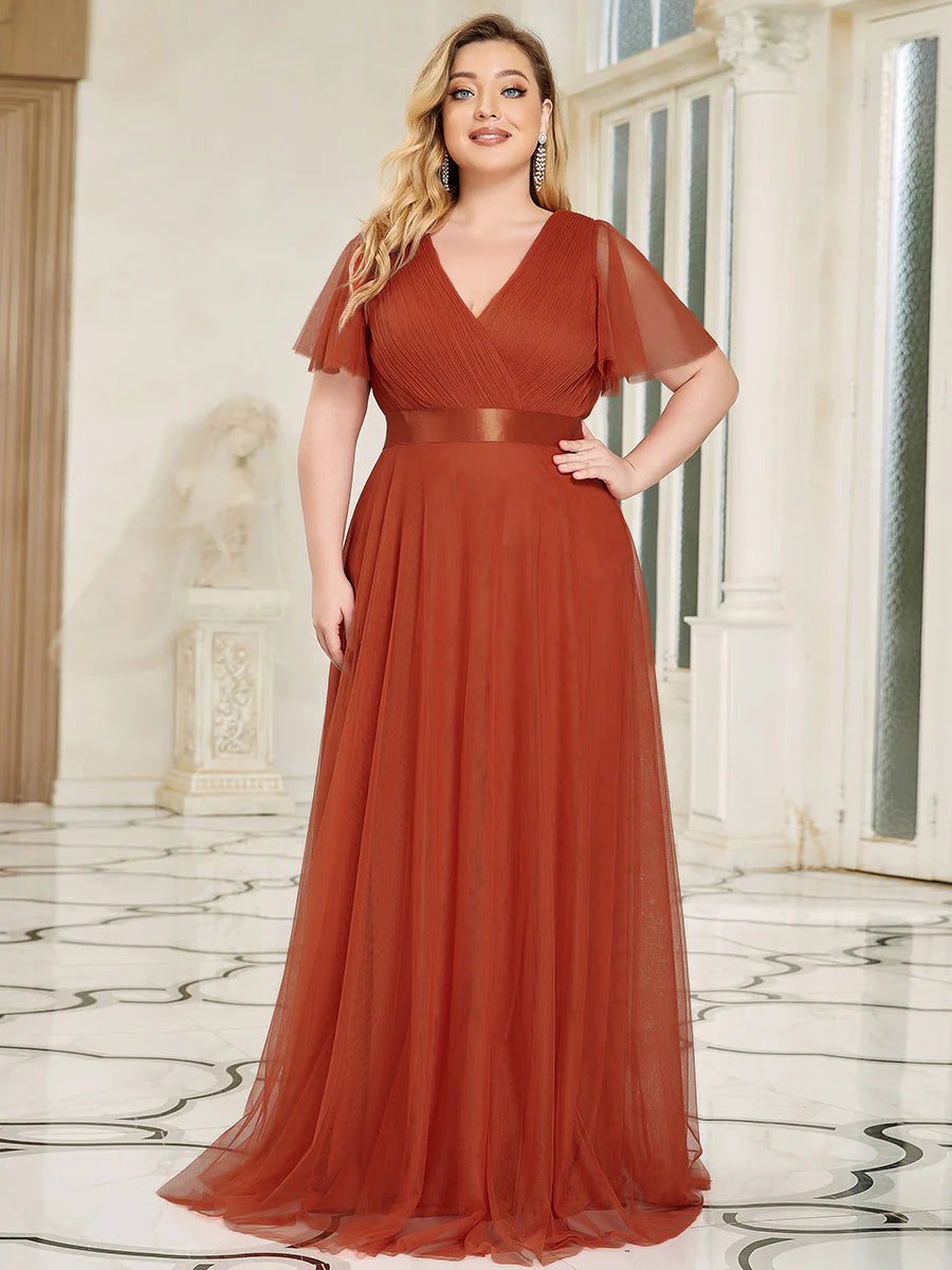 Plus Size Women's V-Neck Floor-Length Wholesale Bridesmaid Dresses