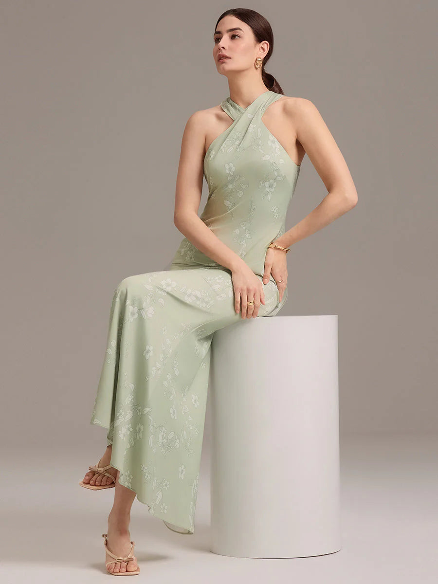 Sleeveless Halter Neck Mermaid Floor Length Dress with Floral Ribbon Bridesmaid dresses