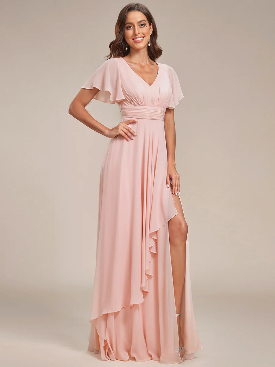 Side Split V Neck Ruched Wholesale Chiffon Bridesmaid Dresses