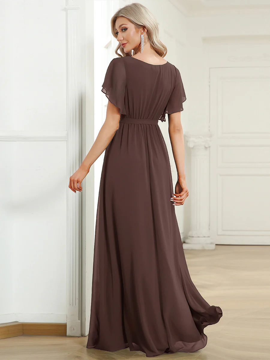 Short Sleeve Ruffle Deep V-Neck A-Line Floor Length Evening Dresses
