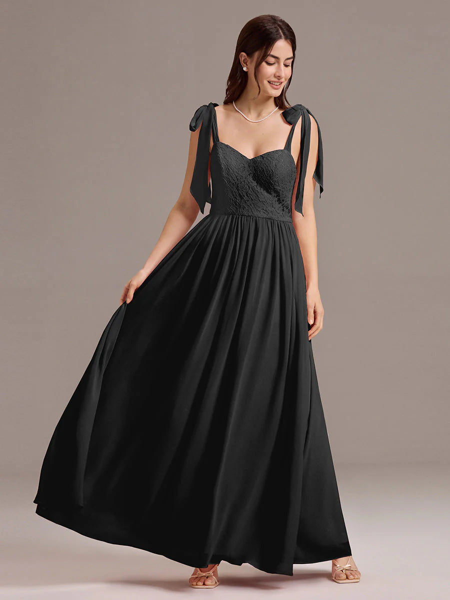 Chiffon Sweetheart Neck Bow Tie Backless A-Line Lace Bridesmaid Dress