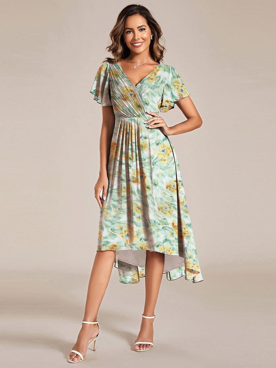 Ever FAYE|Floral V Neck High-Low Short Sleeve Wedding Guest Dress