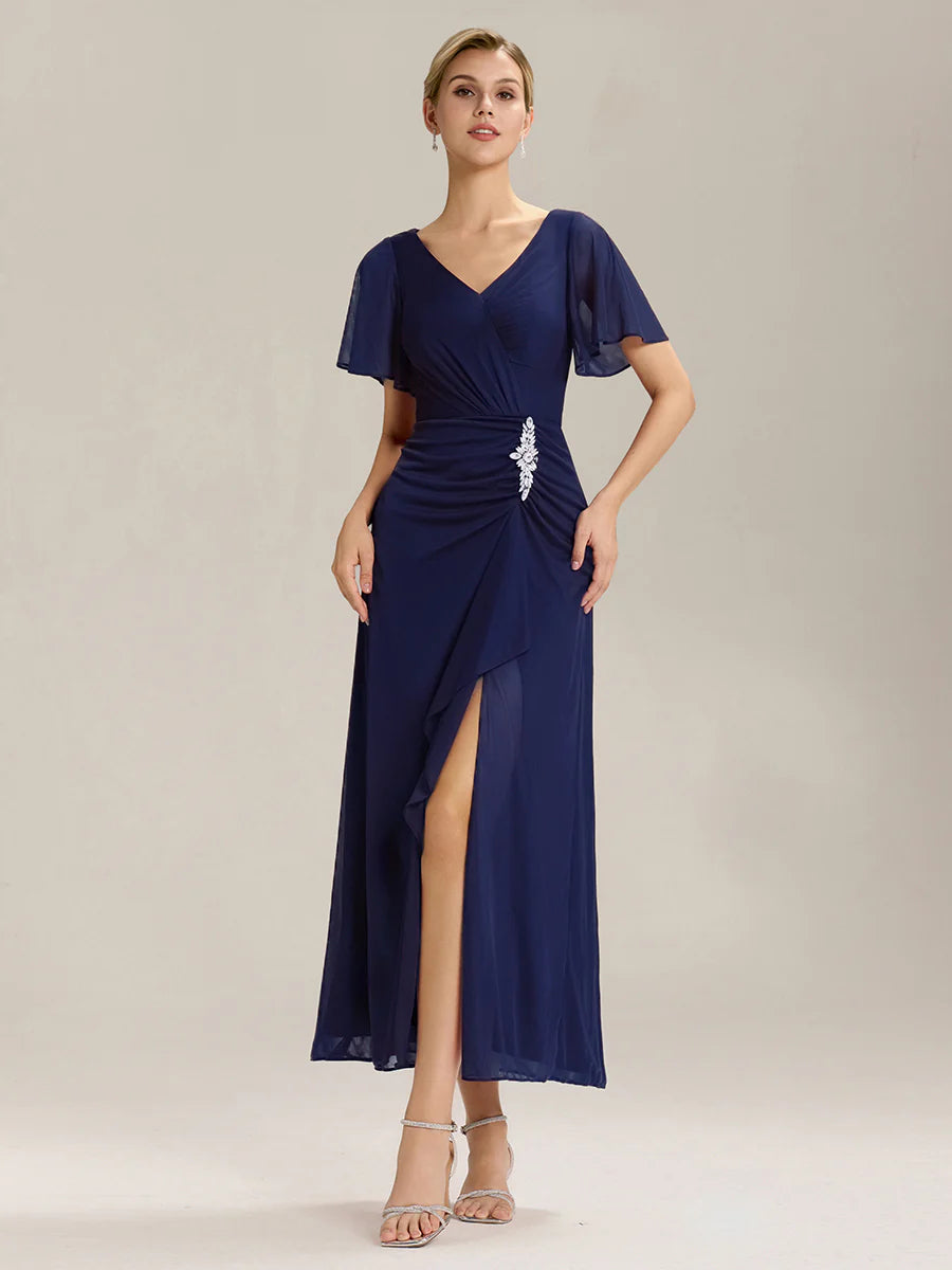 Short Sleeve Ruffle Deep V-Neck A-Line Maxi Dress with Slit Mother of the Bride Dresses