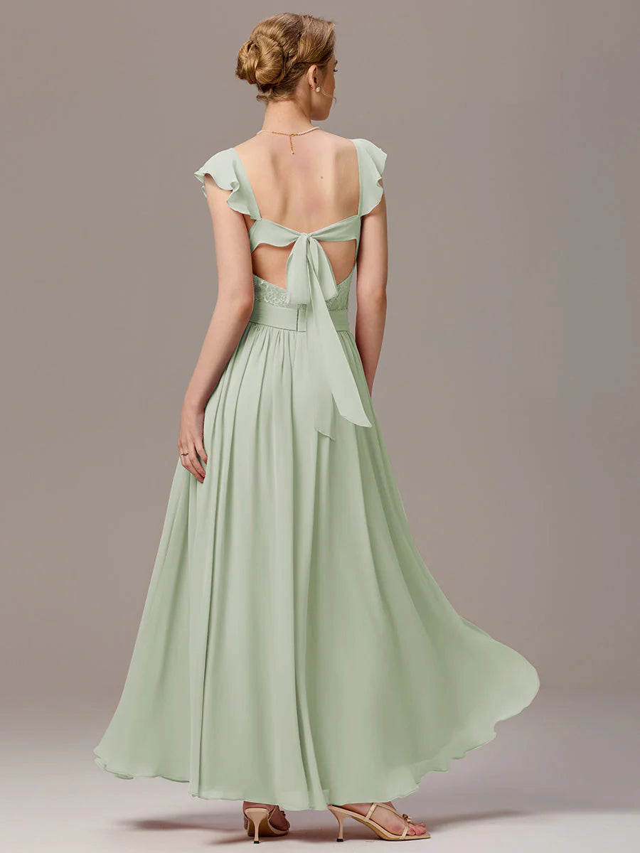 Wholesale Custom Made Back-Tie Pleated Ruffles Sleeves Bridesmaid Dress