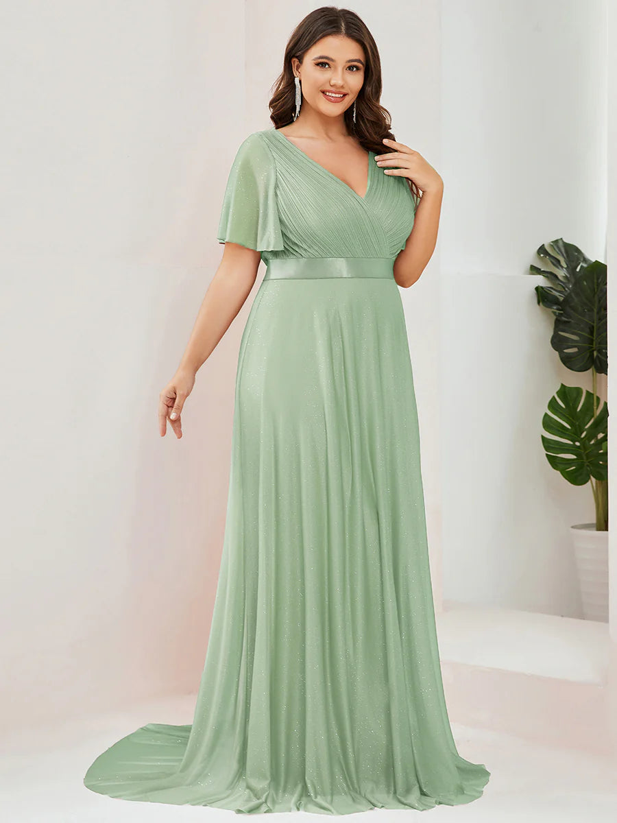 Plus Size Deep V Neck Ruffles Sleeve A Line Wholesale Evening Dresses