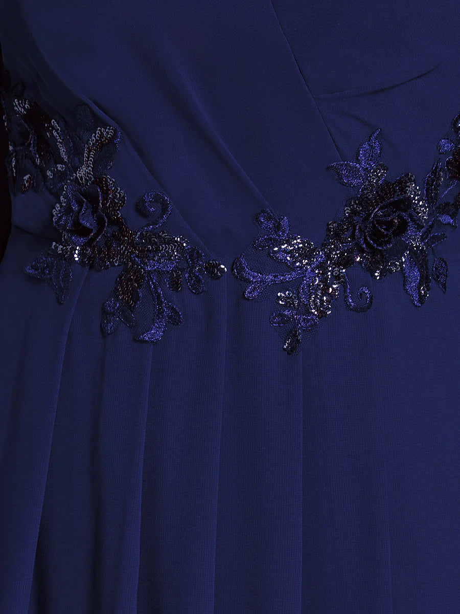 Elegant Lantern Sleeve Applique Empire Waist Midi-Length Chiffon Evening Dresses with Asymmetrical Hem