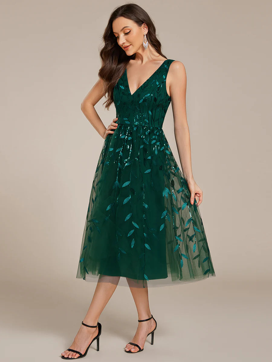V-Neck Sequin Midi Wedding Guest Dress With Sleeveless