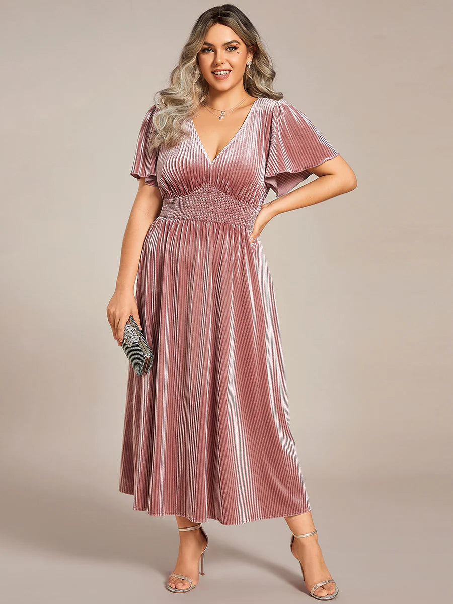 Plus-Size-V-Neck Tea Length Velvet Wedding Guest Dresses