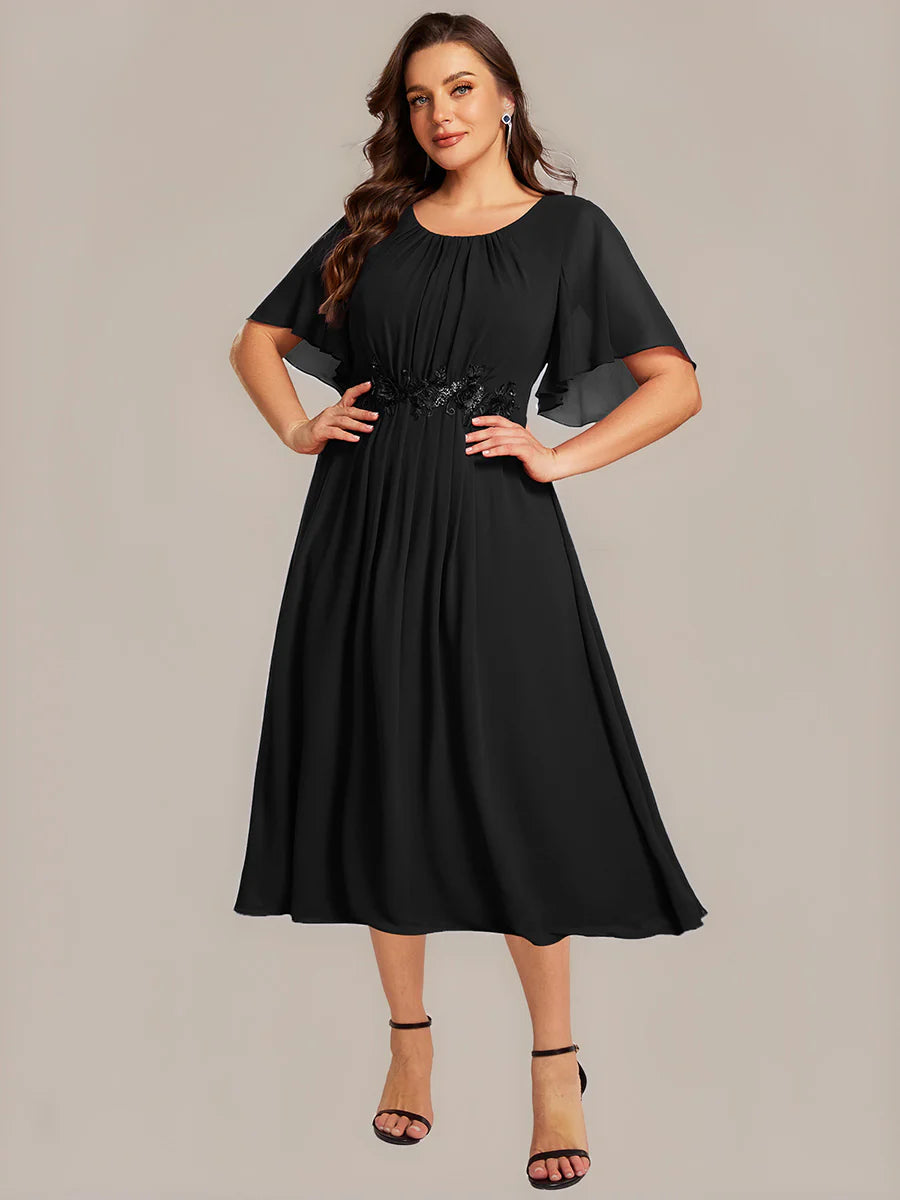 Commercial Wholesale Short Sleeve Ruffle A-Line Midi Dress with Floral Appliques Evening Dresses