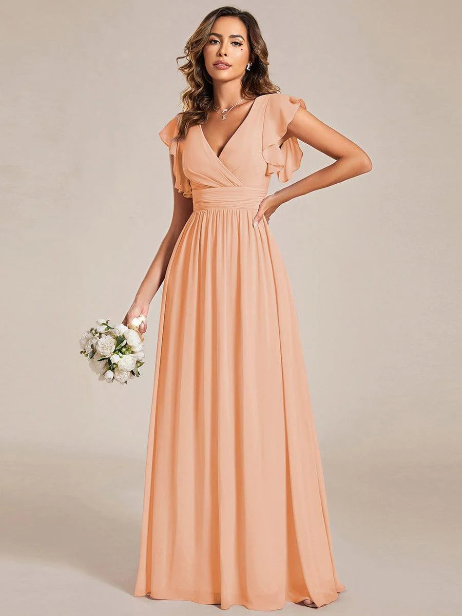 Ever LILYANA|Elegant V-Neck Open Back Ruffled Sleeves Chiffon Bridesmaid Dress