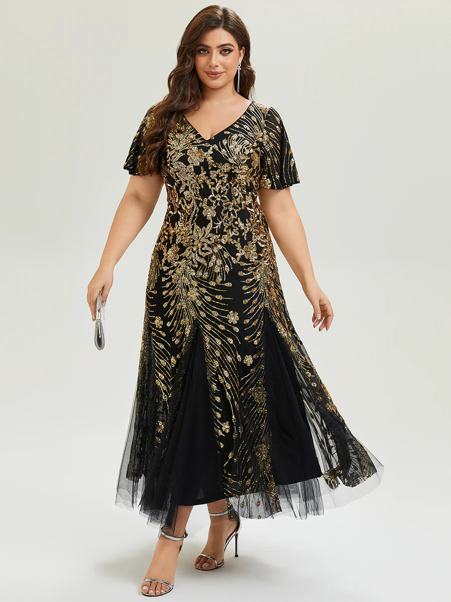 Short Sleeve Ruffle Sequin V-Neck A-Line Maxi Evening Dresses