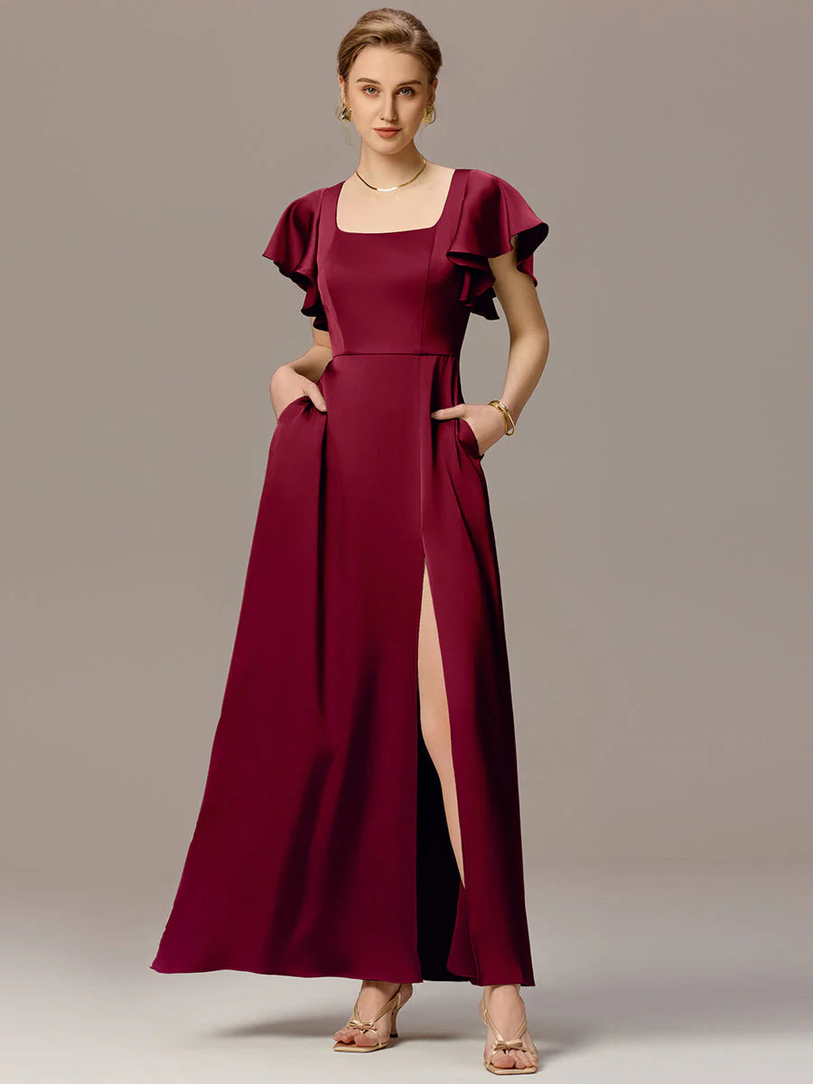 Customized Satin Square Neck Short Sleeve Ruffled Maxi Bridesmaid Dress with Pockets
