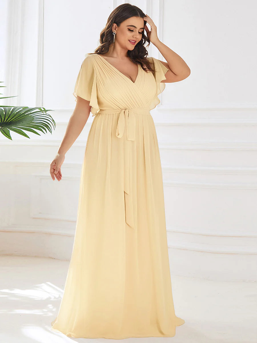 Short Sleeve Ruffle Deep V-Neck A-Line Floor Length Evening Dresses
