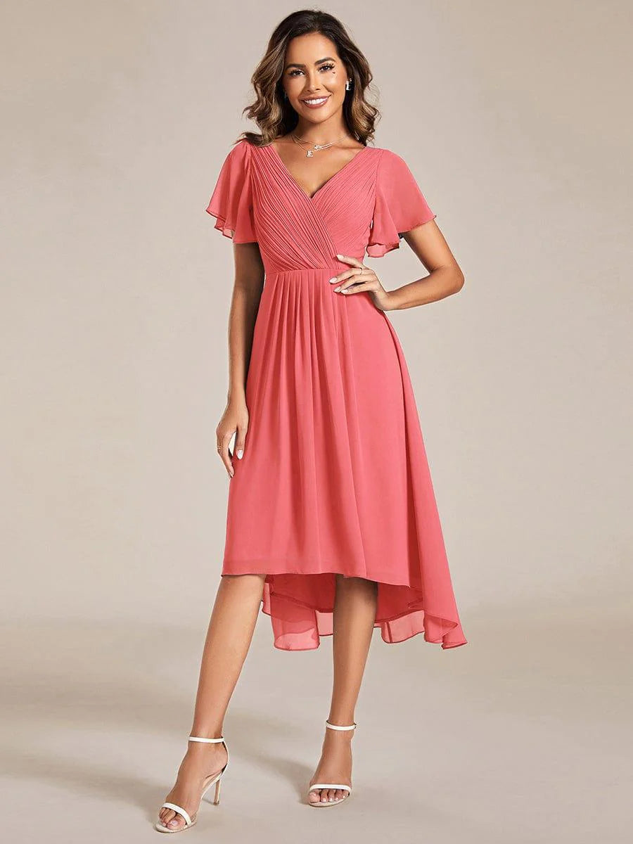 Chic V Neck High-Low Short Sleeve Wedding Guest Dress