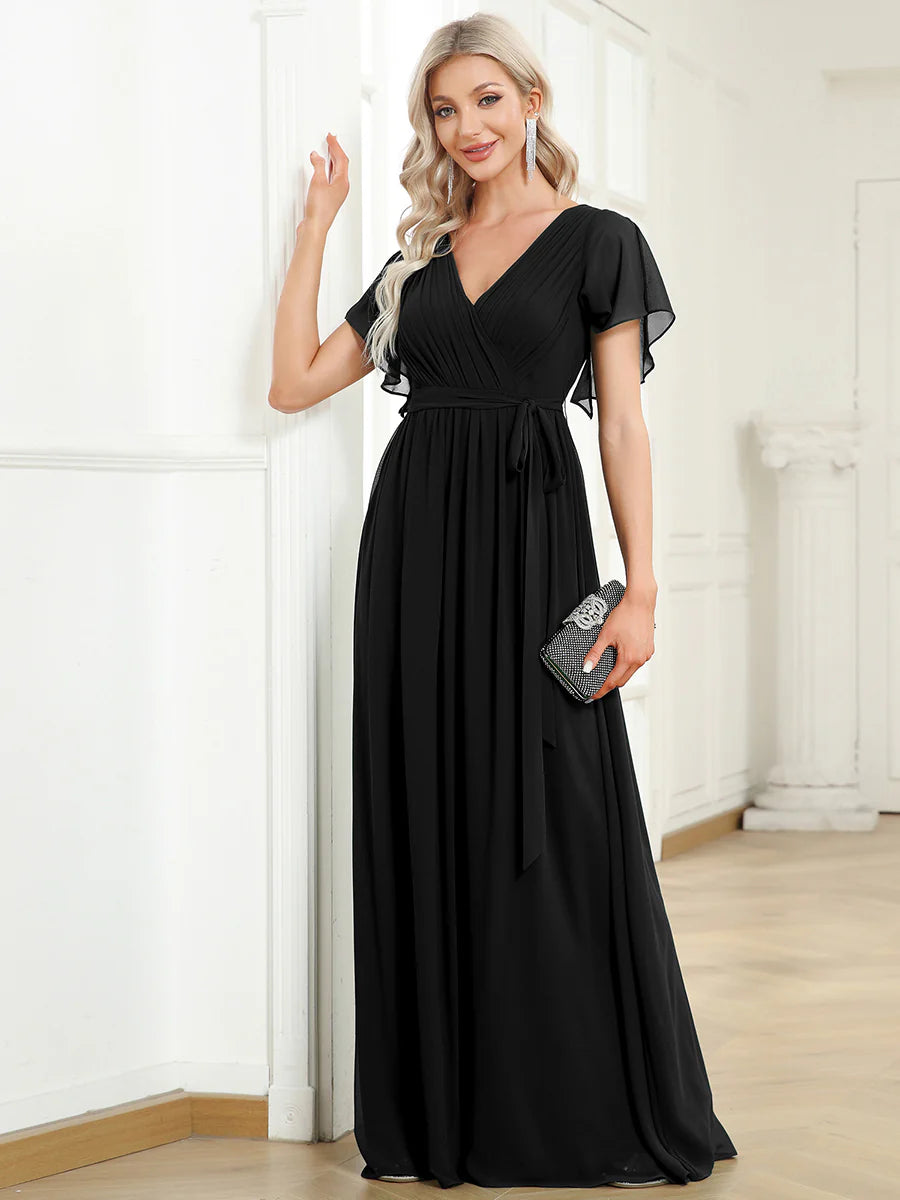 A Line Wholesale Evening Dresses with Deep V Neck Ruffles Sleeves