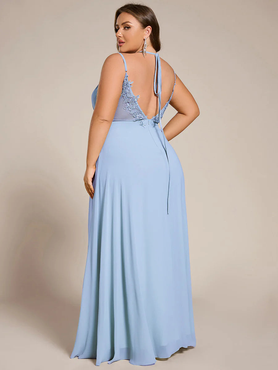 Plus Size Sleeveless V-Neck Appliques A-Line Floor Length Bridesmaid Dresses