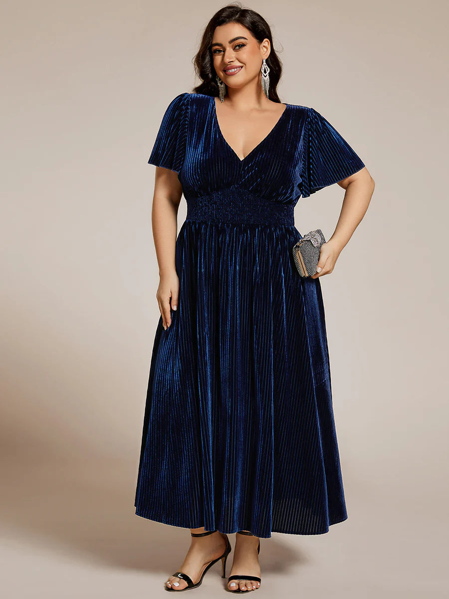 Plus-Size-V-Neck Tea Length Velvet Wedding Guest Dresses