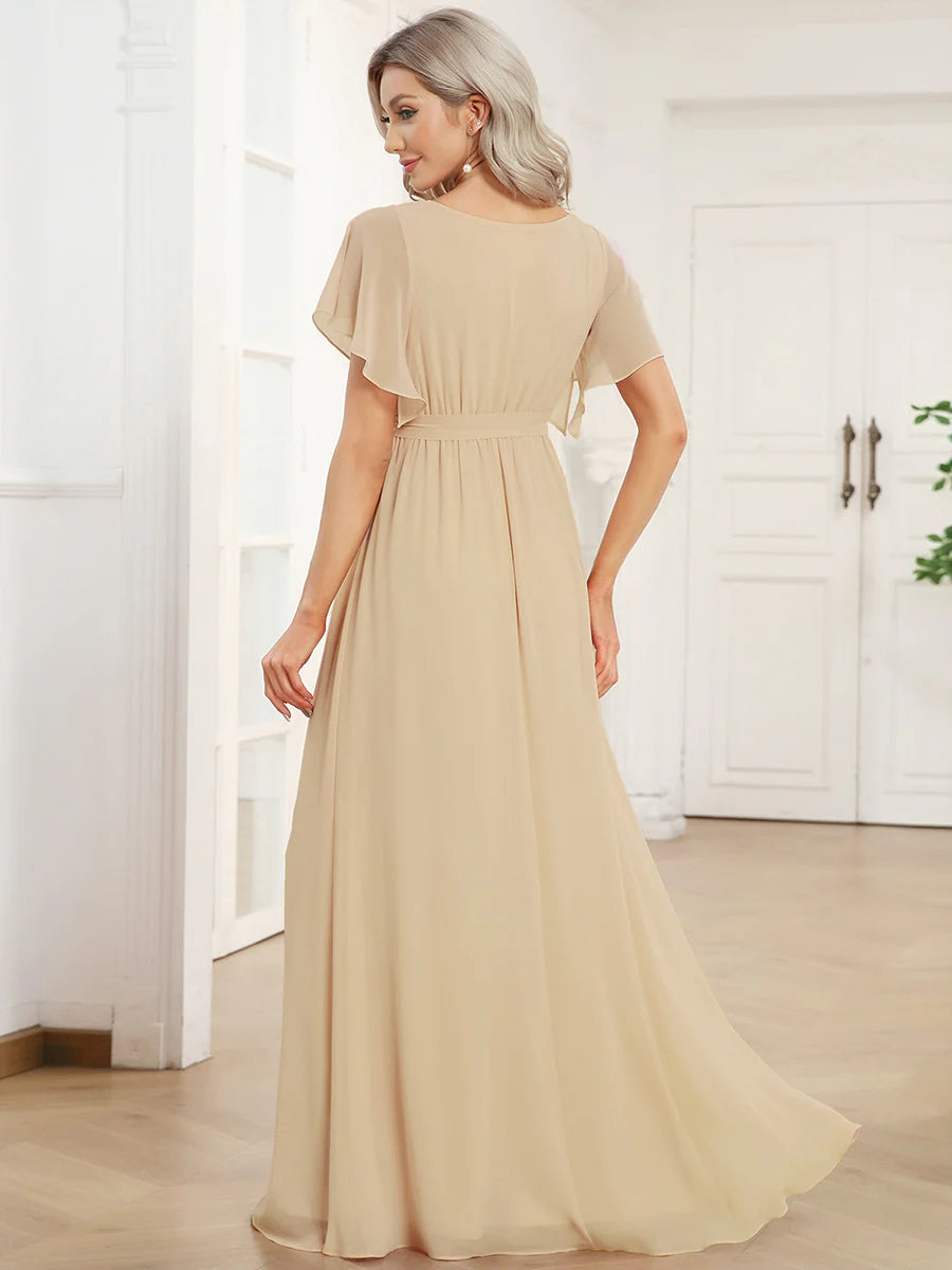A Line Wholesale Evening Dresses with Deep V Neck Ruffles Sleeves
