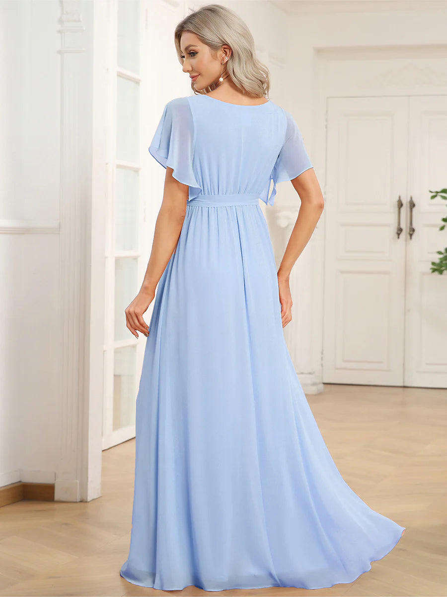 A Line Wholesale Evening Dresses with Deep V Neck Ruffles Sleeves