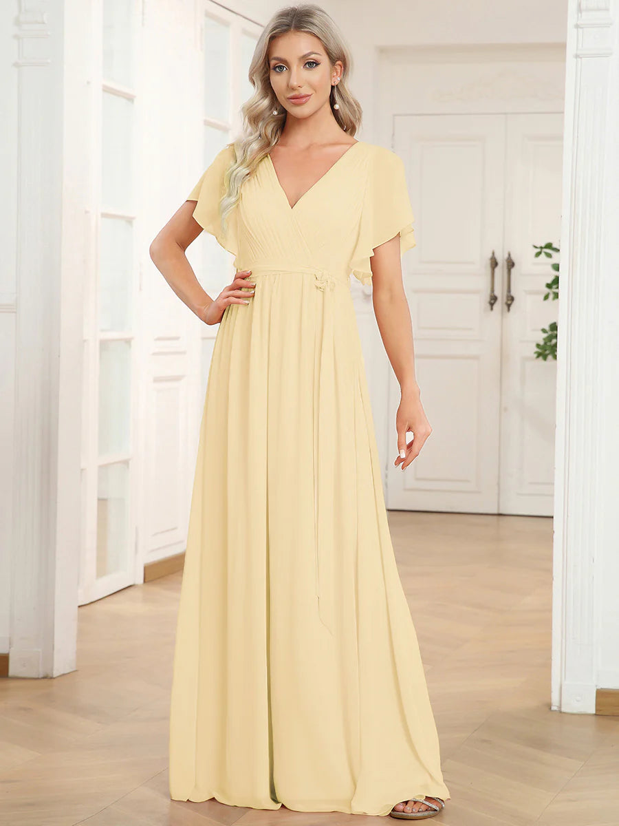 Short Sleeve Ruffle Deep V-Neck A-Line Floor Length Evening Dresses