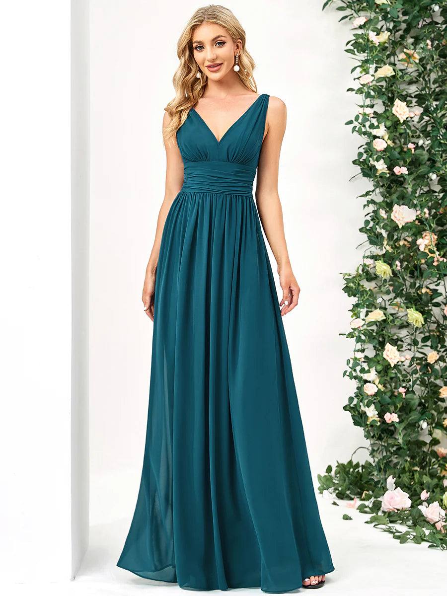 Elegant Double V-Neck Maxi Long Wholesale Bridesmaid Dresses