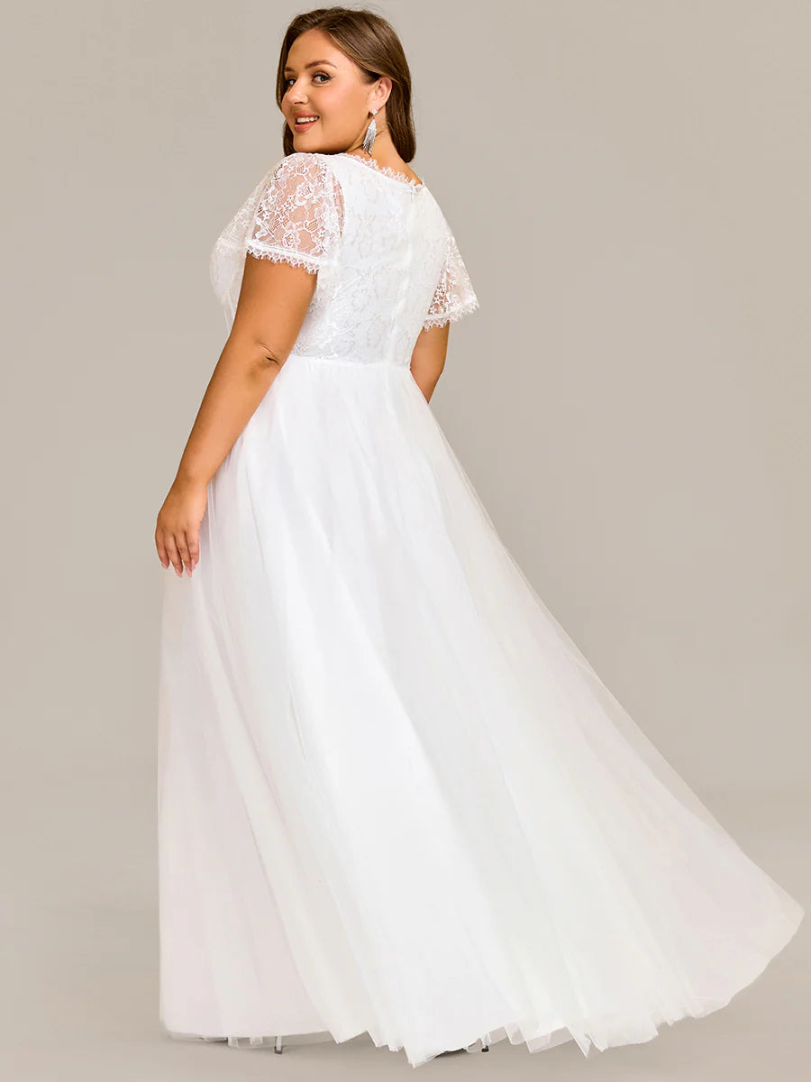 Sweetheart Short Sleeves A-Line Floor-Length Wedding Dress with See-through Details