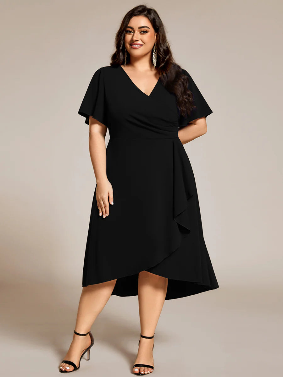Plus Size Elegant Midi Length ruffles sleeve Twisted Wedding Guest Dresses with Regular Fold Stream