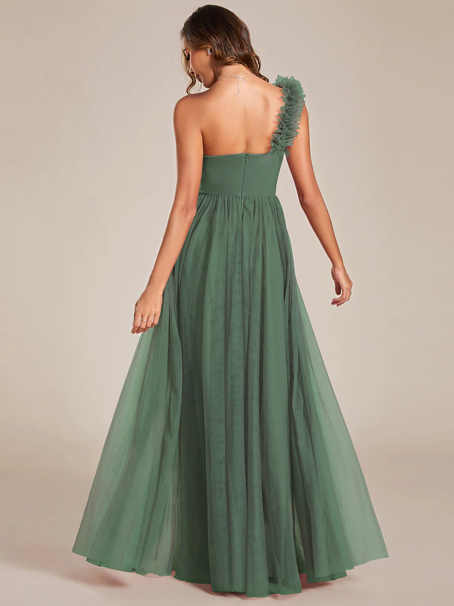 Pleated Backless One Shoulder Split Tulle Wholesale Bridesmaid Dresses