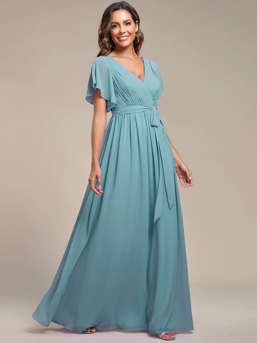A Line Wholesale Evening Dresses with Deep V Neck Ruffles Sleeves