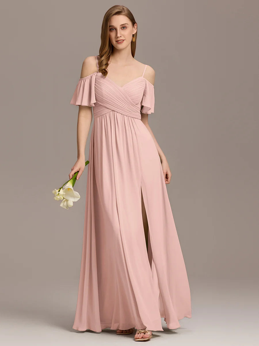 Short Sleeve Off Shoulder Pleated A-Line Split Floor-Length Bridesmaid Dresses