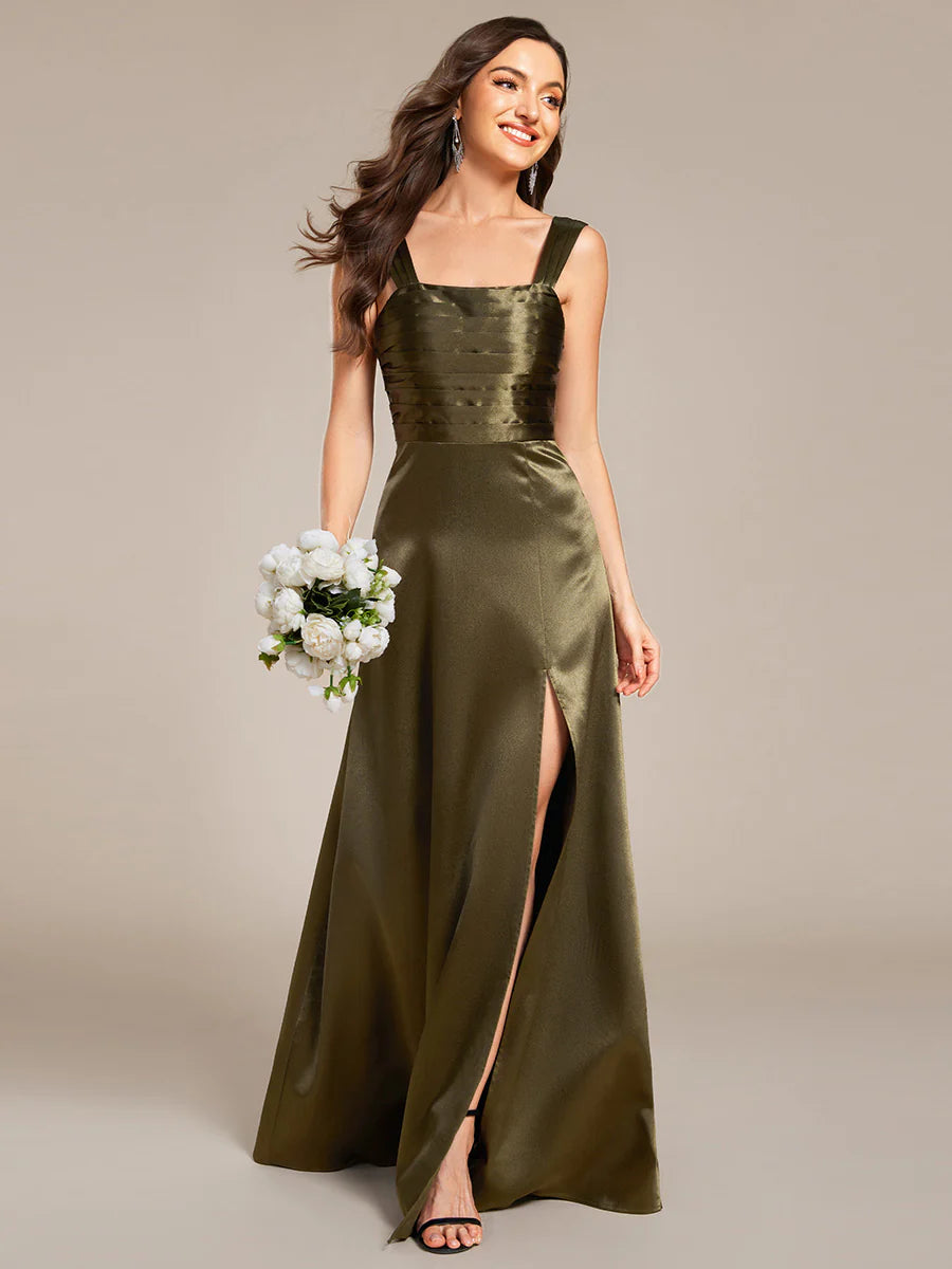Elegant Bodycon Split Fishtail Floor Length Satin Bridesmaid Dresses with Regular Fold Stream
