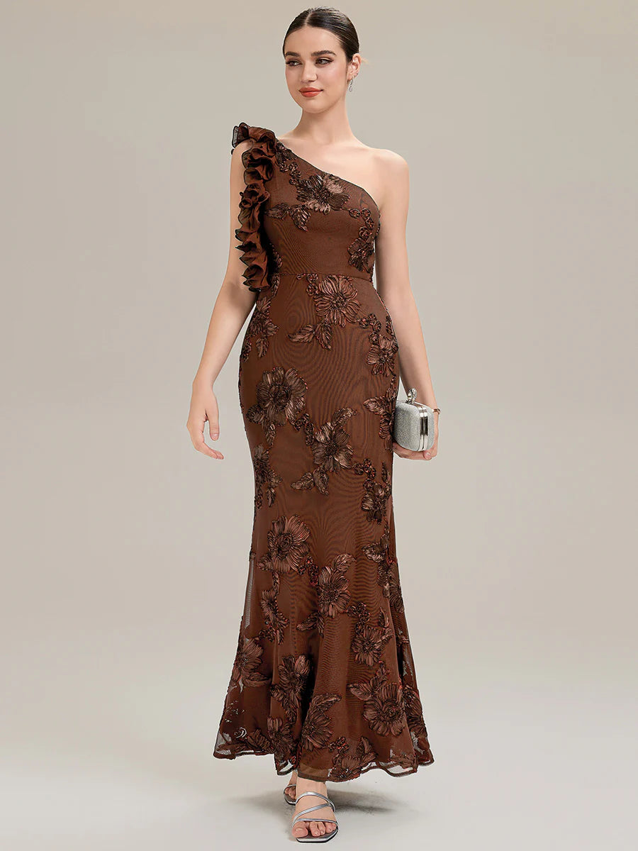 Custom Made One Shoulder Sleeveless Floral Jacquard Fishtail Evening Dresses