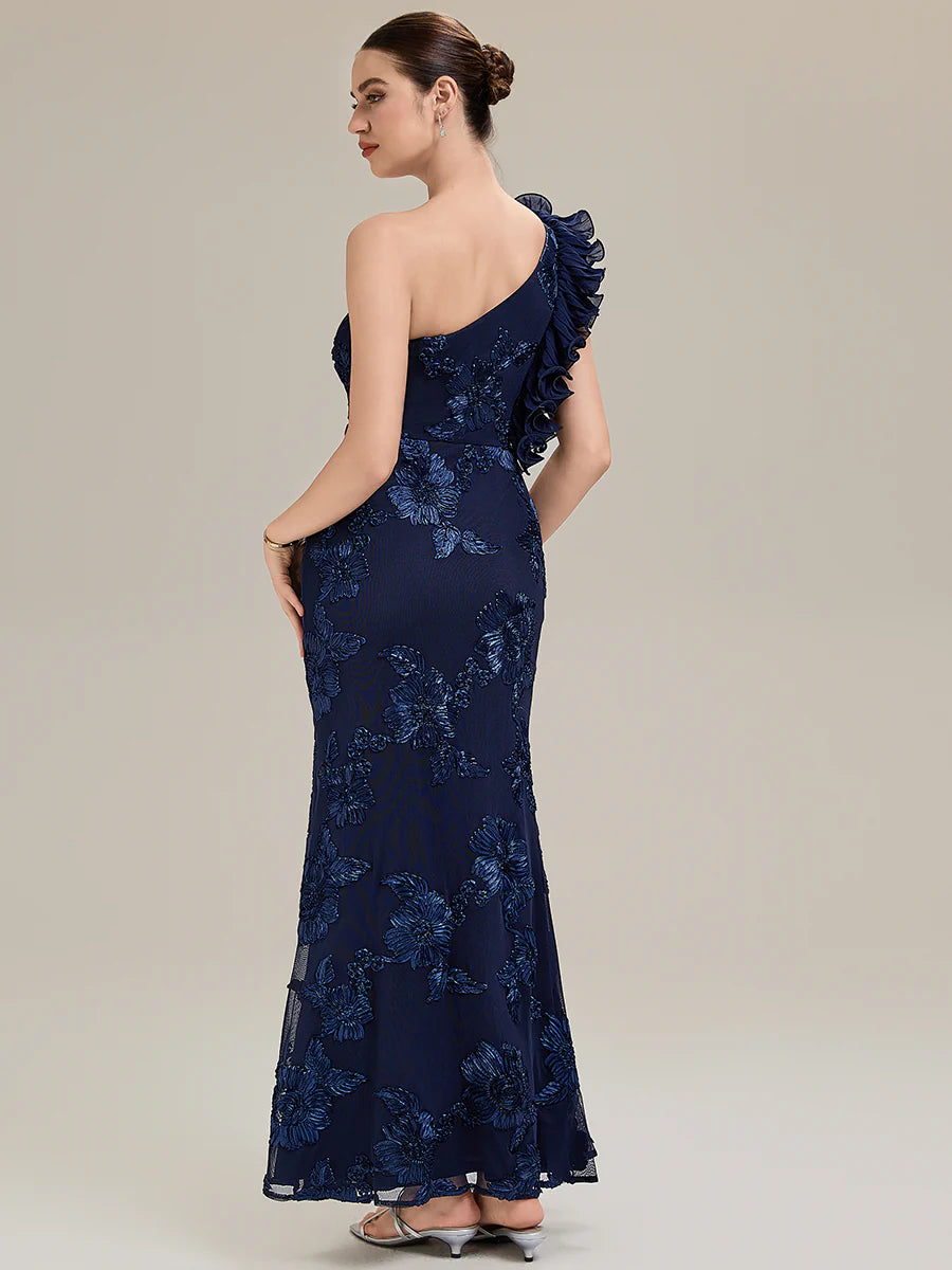 Custom Made One Shoulder Sleeveless Floral Jacquard Fishtail Evening Dresses