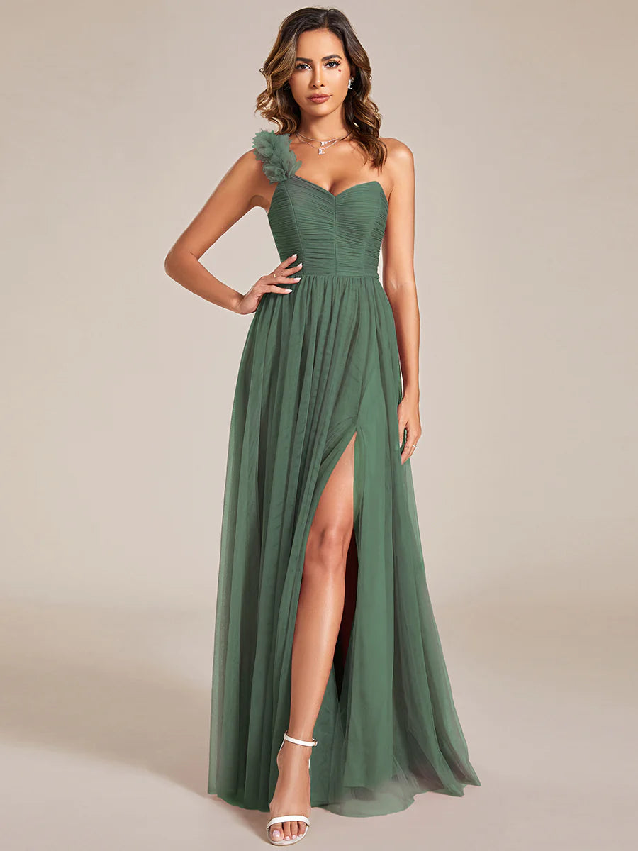 Pleated Backless One Shoulder Split Tulle Wholesale Bridesmaid Dresses