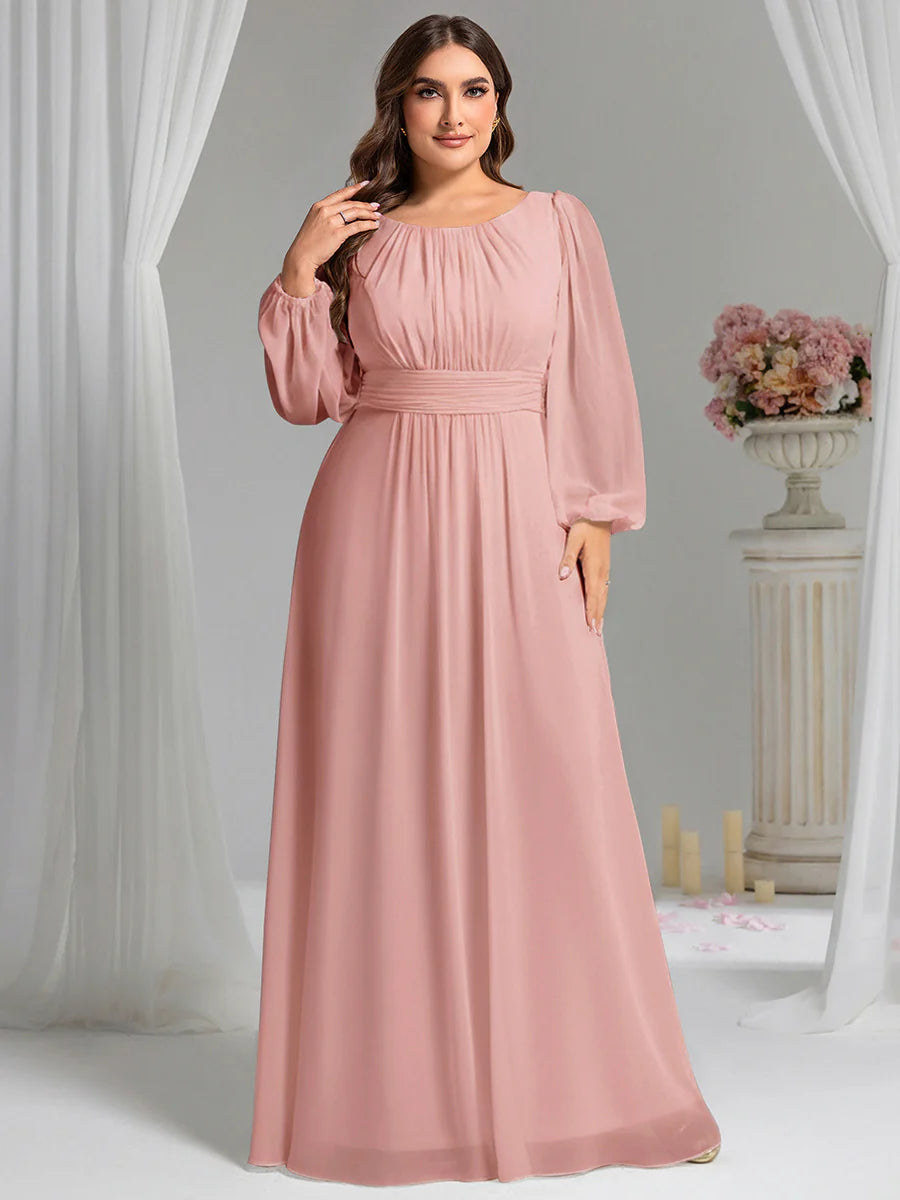 Plus Size Round Neck Wholesale Bridesmaid Dresses with Long Lantern Sleeves