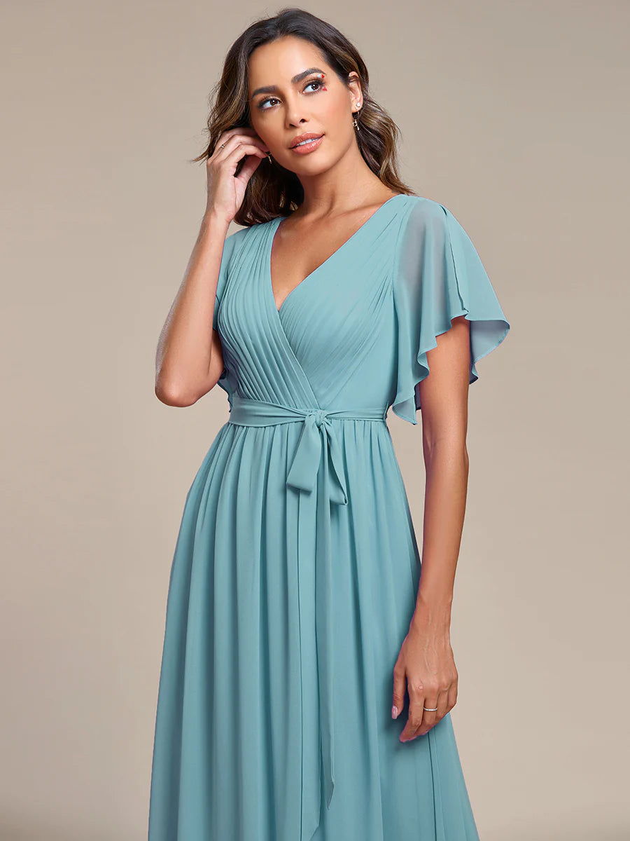 A Line Wholesale Evening Dresses with Deep V Neck Ruffles Sleeves