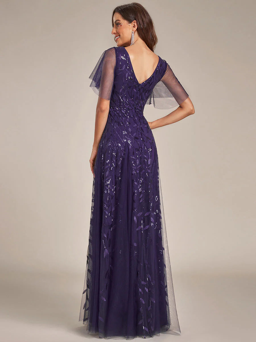Deep V Neck Wholesale Sequin Evening Gown With Short Sleeves