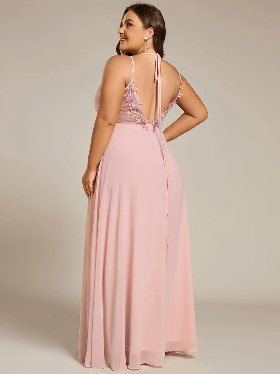 Plus Size Sleeveless V-Neck Appliques A-Line Floor Length Bridesmaid Dresses