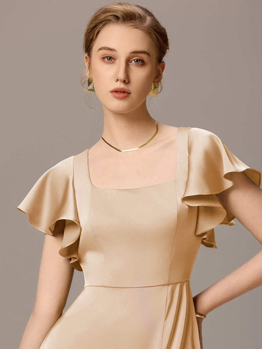 Customized Satin Square Neck Short Sleeve Ruffled Maxi Bridesmaid Dress with Pockets