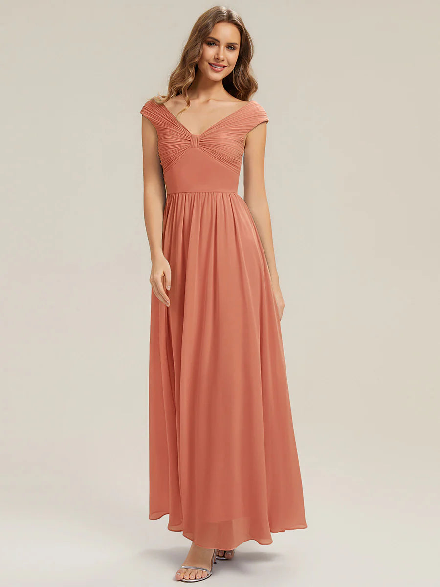 Commercial Wholesale Sleeveless Off Shoulder Deep V-Neck Pleated A-Line Floor Length Bridesmaid Dresses