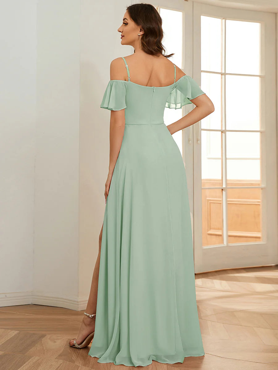 Wholesale High Split Chiffon Bridesmaid Dress With Spaghetti Straps