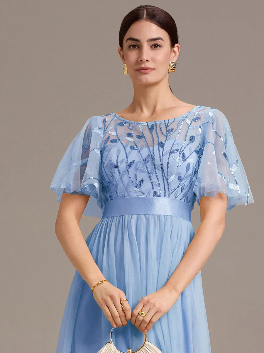 Bulk Order | Plus Size Fit A-Line Deep V-Neck Evening Gown | Ruffled Short Sleeve Midi Dress