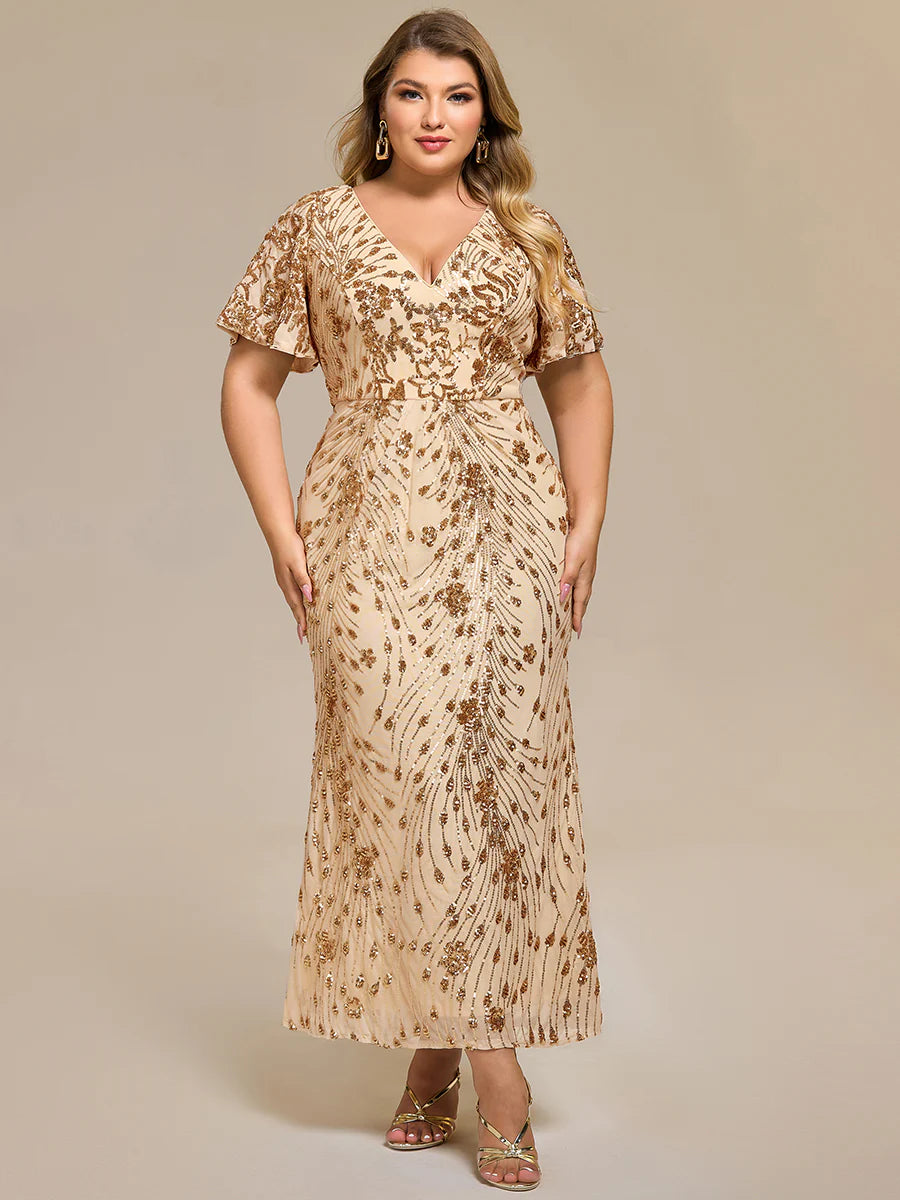 Plus Size Strapless Deep V-Neck Fishtail Paillette Midi Evening Dresses