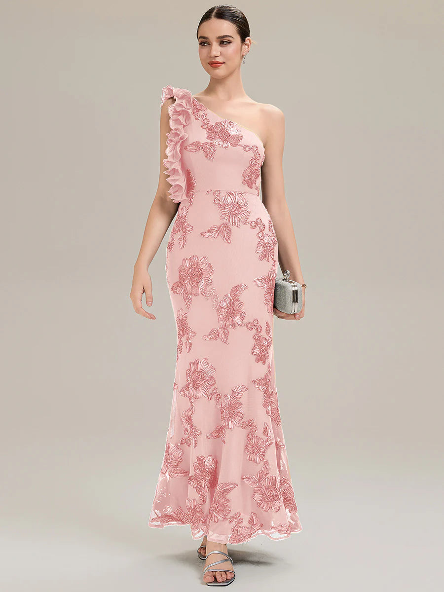 Custom Made One Shoulder Sleeveless Floral Jacquard Fishtail Evening Dresses