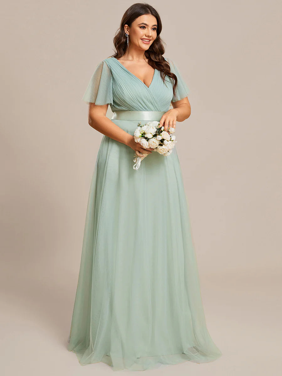 Plus Size Women's V-Neck Floor-Length Wholesale Bridesmaid Dresses