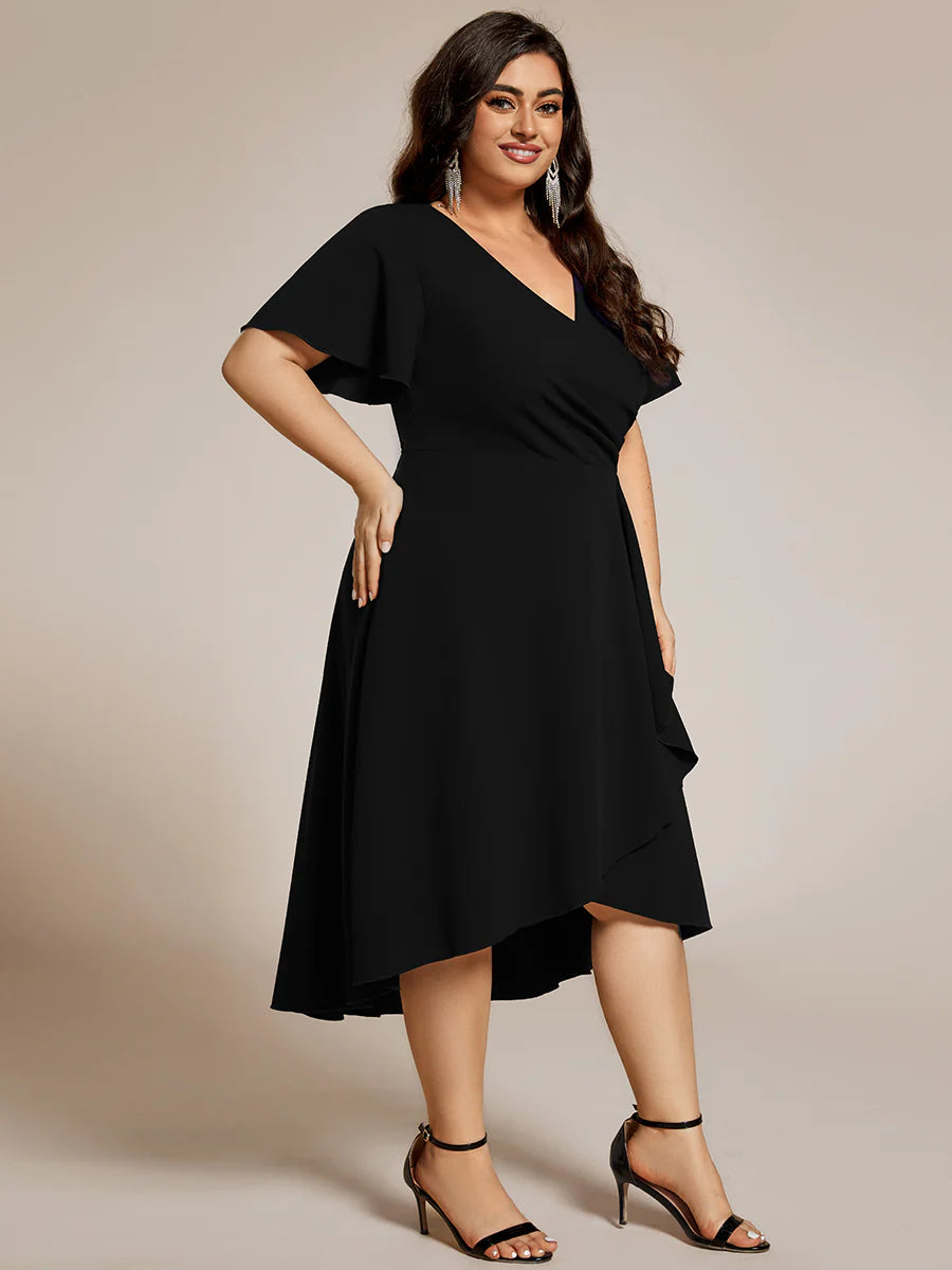 Plus Size Elegant Midi Length ruffles sleeve Twisted Wedding Guest Dresses with Regular Fold Stream
