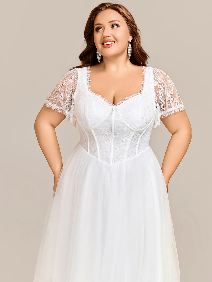 Sweetheart Short Sleeves A-Line Floor-Length Wedding Dress with See-through Details